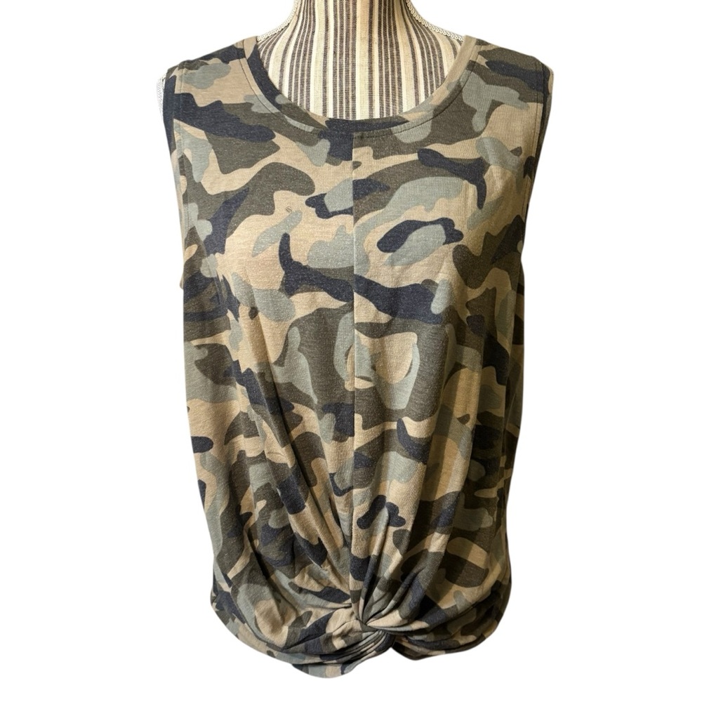 Cable & Gauge Muscle Tee XL Camouflage Knotted Front Sleeveless Green Brown Grey
